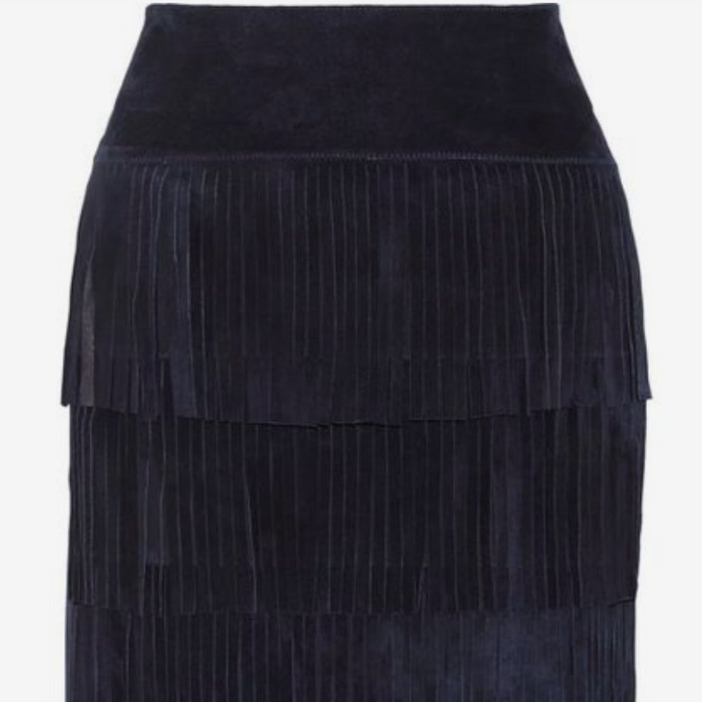 Dark Blue Leather Illia Skirt with Fringe - size 8